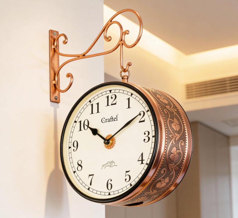 CRAFTEL Double Sided Station Wall Clock Electroplated | English Roman Numerals | Brass Body Aluminum Matte-Finish Dial | Dial - 10 Inches, Rose Gold | 365 Days Warranty - Image 1