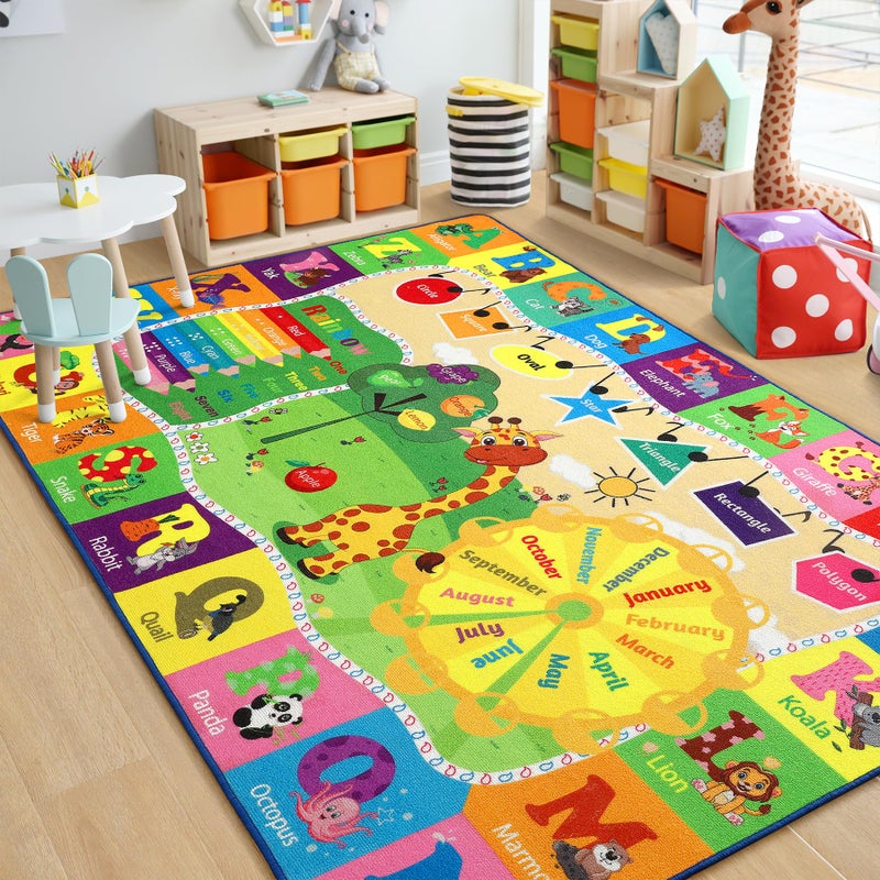 Chicrug Educational 4x6 Kids Area Rug for Playroom, TPR Non Slip Kids Classroom Carpet Rug for Learning ABC Animal Shape Color Fruit, Washable Play Mat Rug for Children Nursery Toddler Room Decor - Image 1