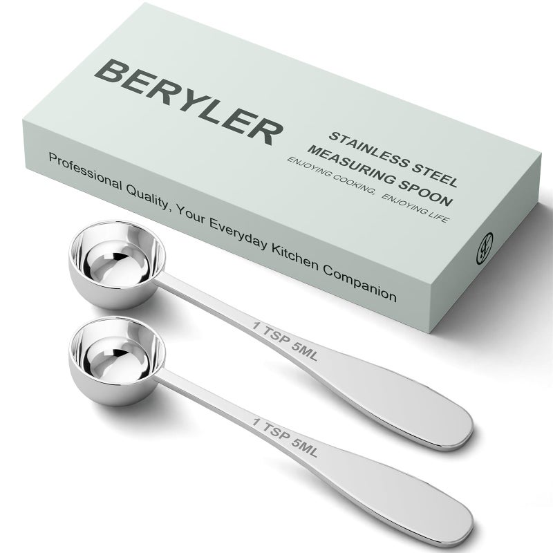 BERYLER 2PCS 1tsp(1/3tbsp, 5 ml) Single Measuring Spoon, Stainless Steel Individual Teaspoon, Metal Measure Scoop with Gift Box - Image 1