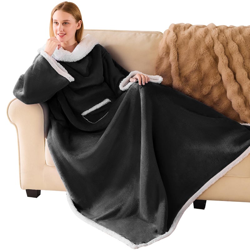 IFNOW Sherpa Wearable Blanket with Sleeves for Women Men Adults Christmas Birthday Gifts for Women Mom Wife Cozy Wearable Blanket with Arm and Pocket Warm Full Body TV Wrap Throw Blanket Black