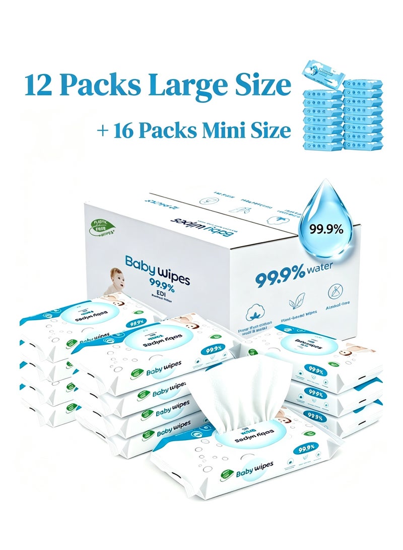 28 Packs Baby Wipes 848 Count (720 large-size + 128 mini-size) Family Pack, 99.9% EDI Purified Water Alcohol-Free, Per Wipe, Gentle for Newborn & Sensitive Skin - Image 1