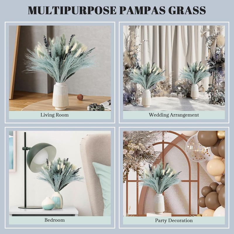NT NIETING N&T NETING 100Pcs Grey Pampas Grass Decor Natural Dried - Gray Pampas Grass Bunny Tails Eucalyptus Leaves Gray Flowers for Centerpieces Rustic Living Room Home Wedding Boho Modern Decor(17.5 Inch) - Image 5