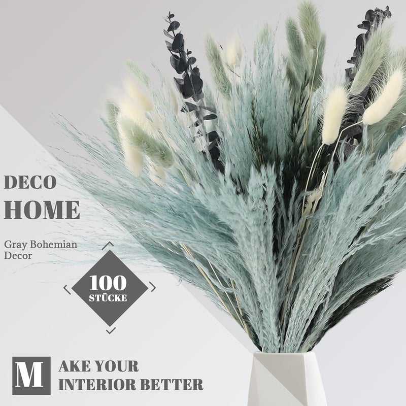 NT NIETING N&T NETING 100Pcs Grey Pampas Grass Decor Natural Dried - Gray Pampas Grass Bunny Tails Eucalyptus Leaves Gray Flowers for Centerpieces Rustic Living Room Home Wedding Boho Modern Decor(17.5 Inch) - Image 2