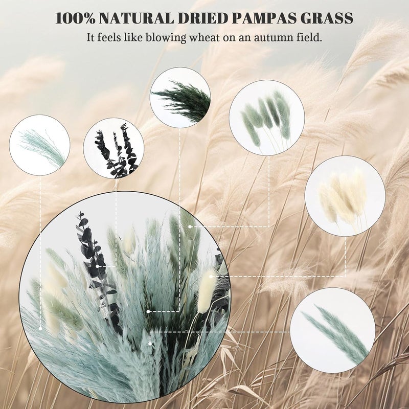 NT NIETING N&T NETING 100Pcs Grey Pampas Grass Decor Natural Dried - Gray Pampas Grass Bunny Tails Eucalyptus Leaves Gray Flowers for Centerpieces Rustic Living Room Home Wedding Boho Modern Decor(17.5 Inch) - Image 4