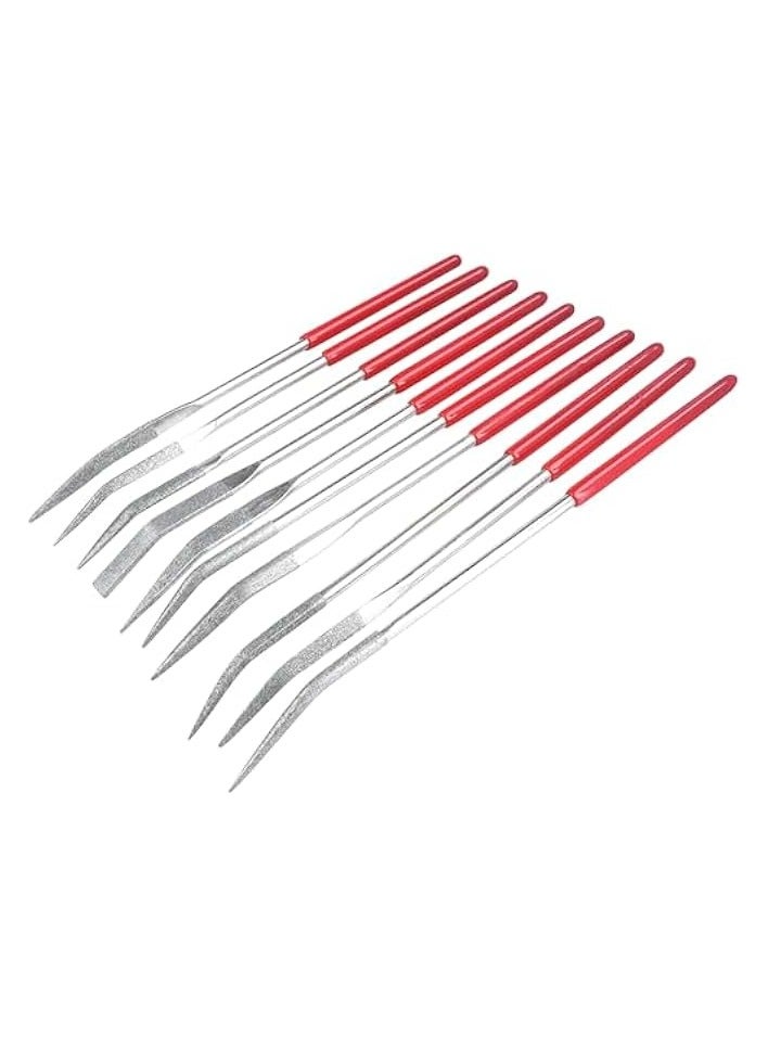 PROMASS 10PCS Curved Mini Diamond Needle File Set Bent Small Metal Riffler Files Hand Tools for Glass Wood Stone Jewelry - Round Triangular Square Flat Shape 3x140mm - Image 1