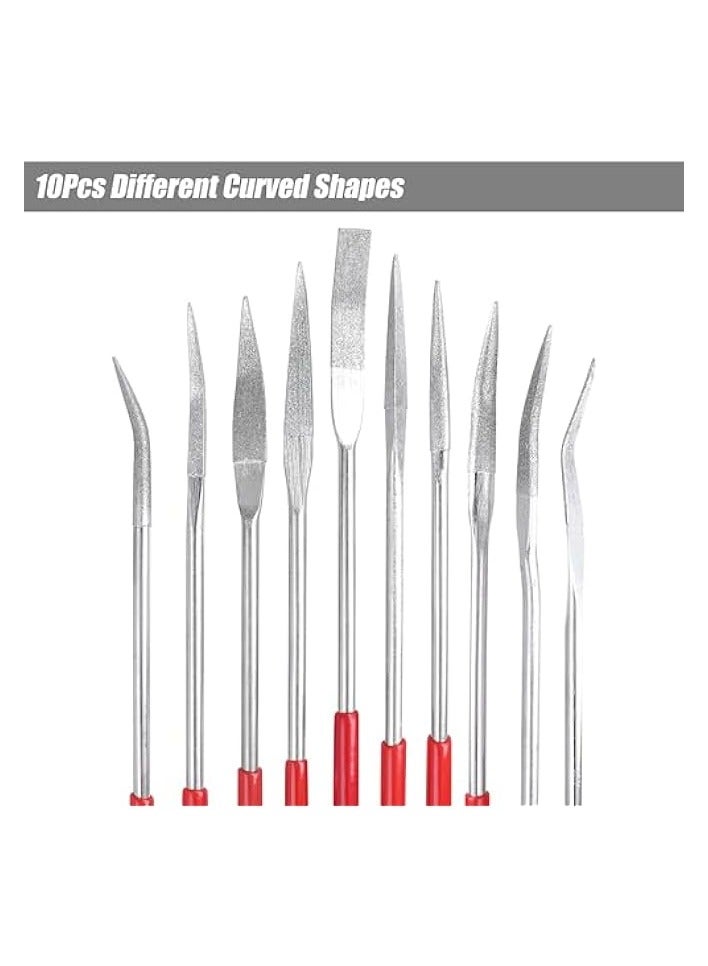 PROMASS 10PCS Curved Mini Diamond Needle File Set Bent Small Metal Riffler Files Hand Tools for Glass Wood Stone Jewelry - Round Triangular Square Flat Shape 3x140mm - Image 4