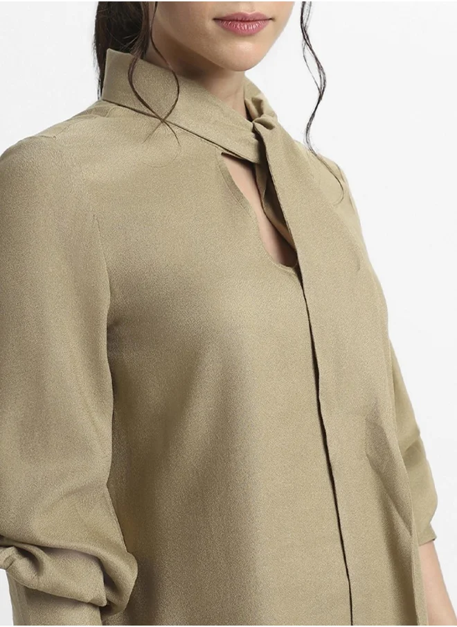 Dennis Lingo Khaki Regular Fit Tie Up Neck Top for Women - Viscose Moss, Full Sleeves, Casual