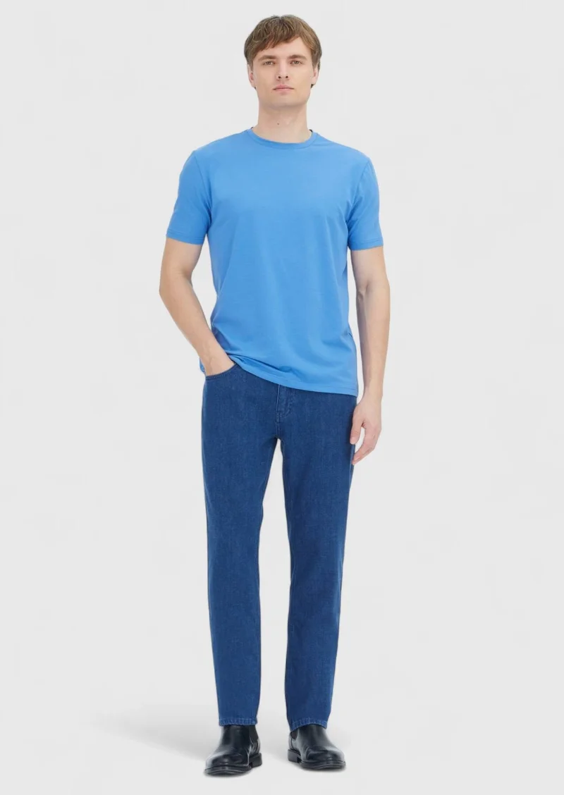 RAMSEY Blue Plain Crew Neck Cotton Blended T-Shirt