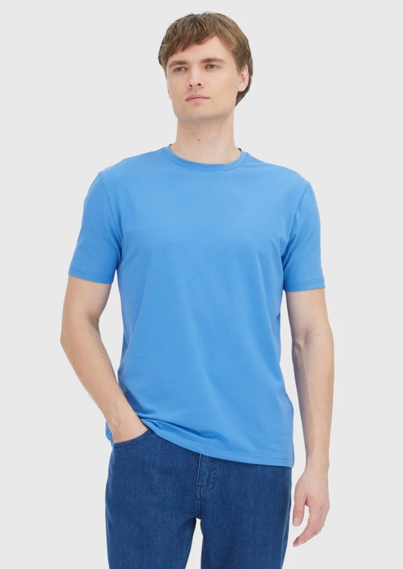 RAMSEY Blue Plain Crew Neck Cotton Blended T-Shirt