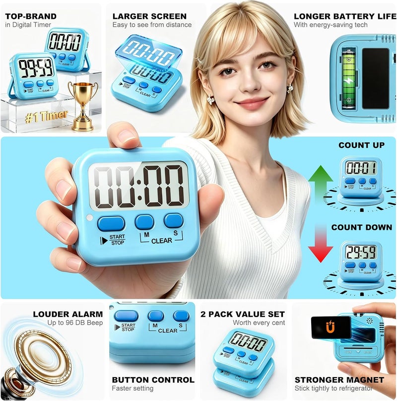 Antonki 2 Pack Digital Timer for Kids, Kitchen, Cooking, Egg, Classroom, Exercise, Study, Oven - Magnetic Countdown With Battery Included - Image 4
