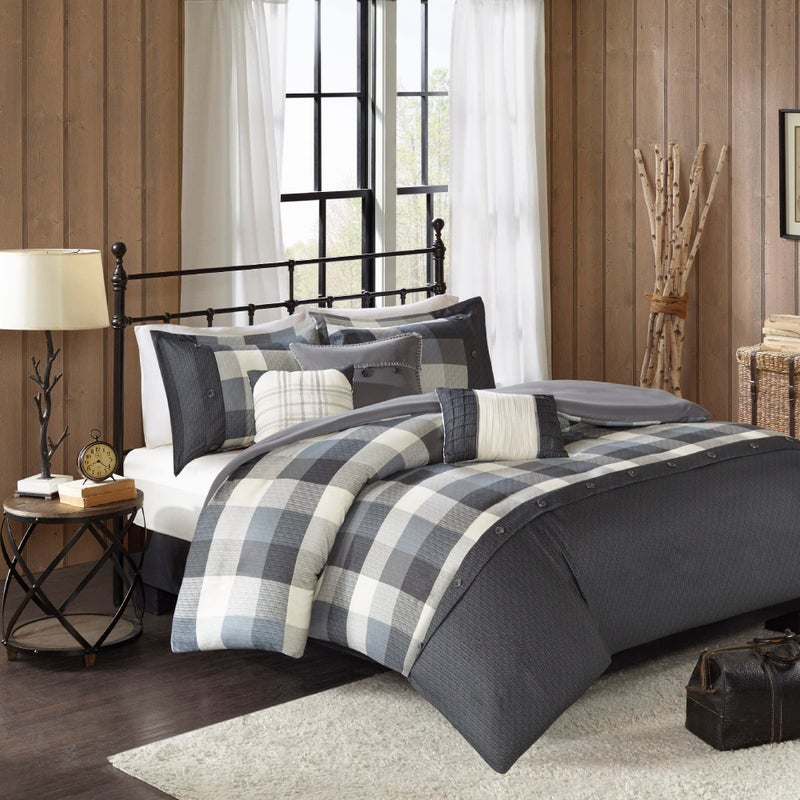 madison park Madison Park Ridge Comforter Set  Cabin Lodge Plaid Herringbone Design All Season Down Alternative Cozy Bedding with Matching Bedskirt Shams Decorative Pillow Grey Queen90x90 7 Piece 