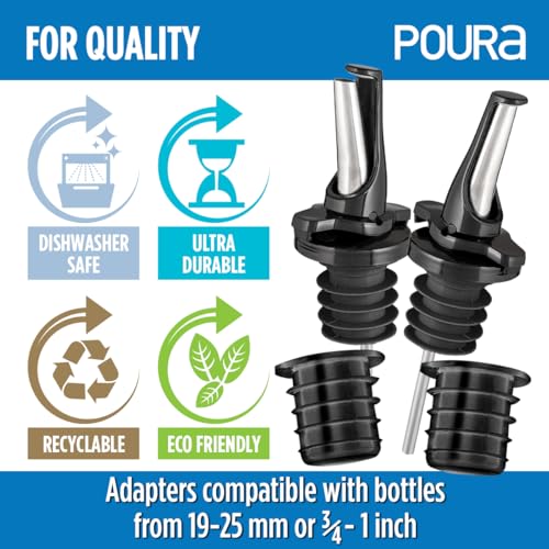 Poura 3-in-1 Liquor Pour Spout | Olive Oil Spout with Built-in Caps for Optimal Fly and Dust Protection - Dishwasher Safe, Hygienic Alcohol Speed Spouts - Black 2 PCs with 2 Adapters for Large Neck Bottles - Image 3