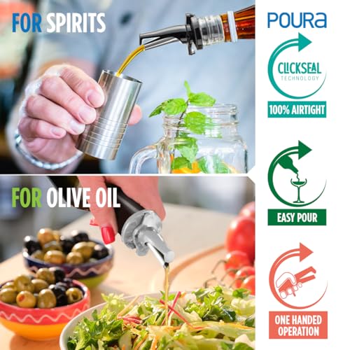 Poura 3-in-1 Liquor Pour Spout | Olive Oil Spout with Built-in Caps for Optimal Fly and Dust Protection - Dishwasher Safe, Hygienic Alcohol Speed Spouts - Black 2 PCs with 2 Adapters for Large Neck Bottles - Image 2