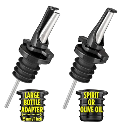 Poura 3-in-1 Liquor Pour Spout | Olive Oil Spout with Built-in Caps for Optimal Fly and Dust Protection - Dishwasher Safe, Hygienic Alcohol Speed Spouts - Black 2 PCs with 2 Adapters for Large Neck Bottles - Image 1