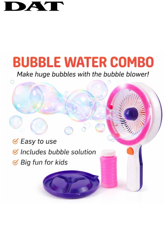 دي اي تي DAT لعبة منفاخ فقاعات بمروحة مع محلول فقاعات وصحن، تشغيل بزر واحد لفقاعات كبيرة، 26.5CM x 16CM، وردي/أبيض/بنفسجي، للأطفال للعب الخارجي والحفلات - Image 1