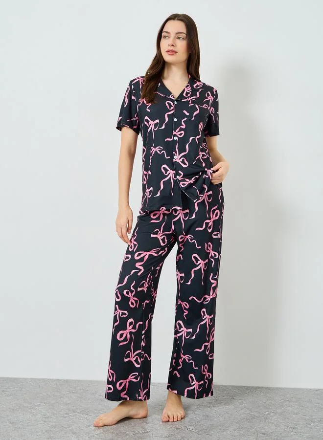 Styli Women Bow Print Buttoned Shirt and Pyjama Set