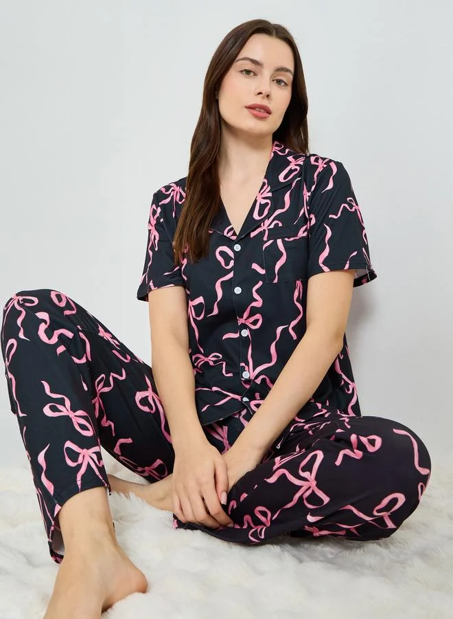 Styli Women Bow Print Buttoned Shirt and Pyjama Set