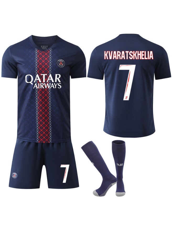 PSG 2025-2026 الموسم #7 كفاراتسخيليا لكرة القدم جيرسي السراويل الجوارب مجموعة حجم الأطفال وحجم الكبار ، هدية للجماهير والأصدقاء - Image 1