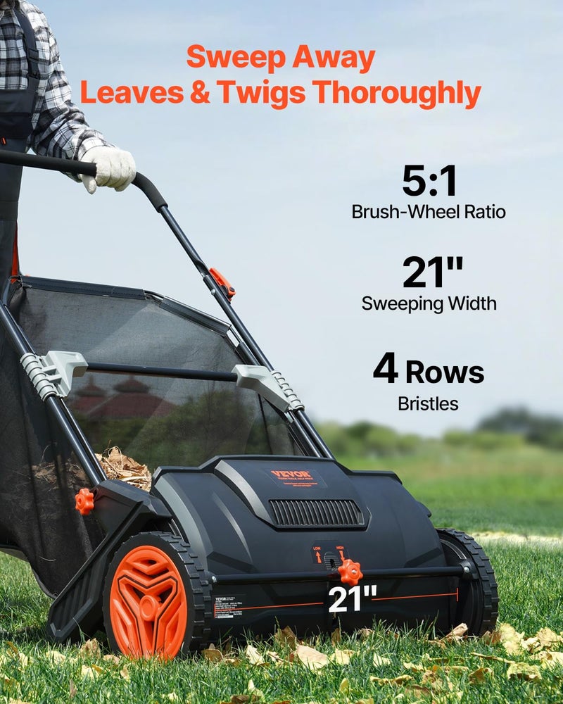VEVOR Push Lawn Sweeper, 21inch Leaf & Grass Collector, Heavy Duty Thickened Steel Durable to Use with Large Capacity 3.5 cu. ft. Mesh Collection Hopper Bag, 2 Spinning Brushes - Image 2