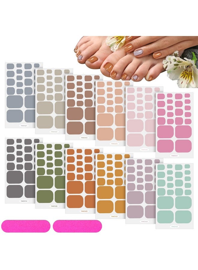 Leelosp 264 Pieces 12 Sheets Toenail Polish Stickers Strips Full Toe Nail Wraps Adhesive Toe Nail Wraps Diy Solid Color Toe Nails Manicure Decal With 2 Pieces Nail Files For Women Girls Nail (Warm Colors) - Image 1