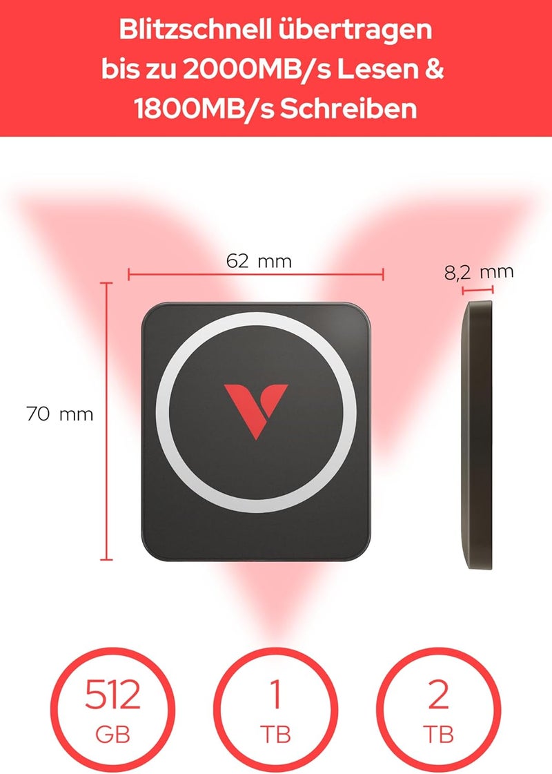 VERBATIM Snapback SSD 2TB, External SSD, USB 3.2 Gen 2x2, up to 2000MB/s Read & 1800MB/s Write, Portable External Hard Drive with 20 cm USB-C Cable, for iPhone, Android, PC & Mac, Mocha Metallic - Image 2