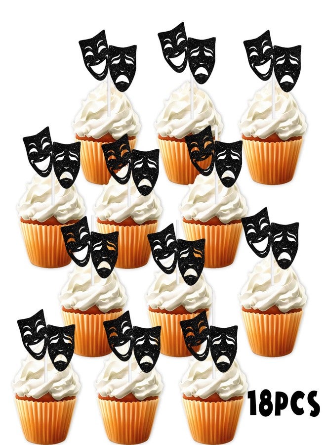LETLIMIT 18pcs Black Glitter Mask Dessert Cupcake Topper Movie Night Theme Decor Supplies Men Women Boy Girl Happy Birthday Party Decorations - Image 3