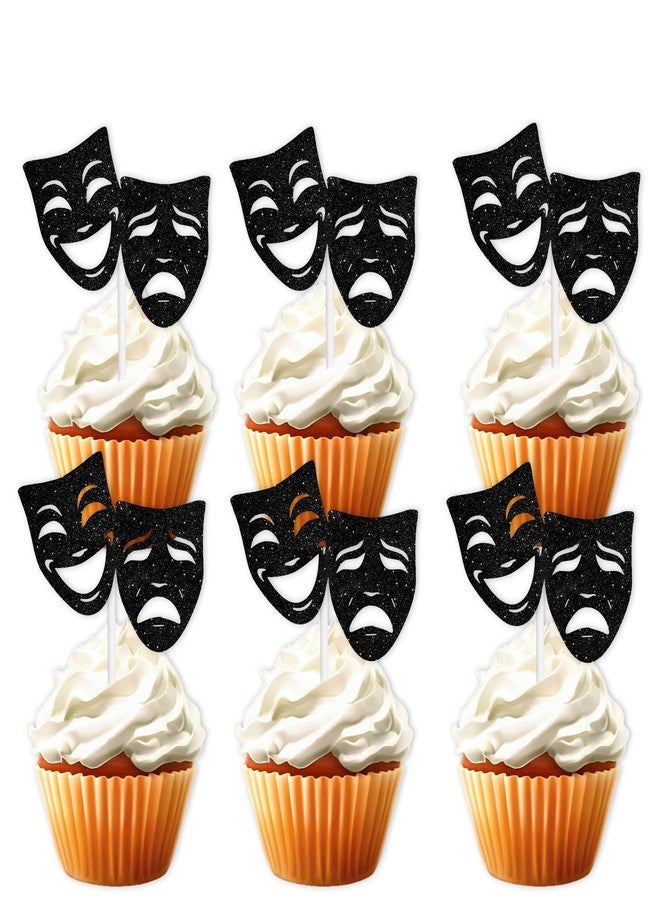 LETLIMIT 18pcs Black Glitter Mask Dessert Cupcake Topper Movie Night Theme Decor Supplies Men Women Boy Girl Happy Birthday Party Decorations - Image 1
