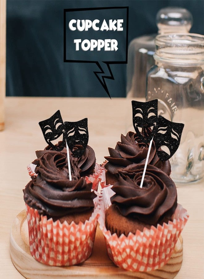 LETLIMIT 18pcs Black Glitter Mask Dessert Cupcake Topper Movie Night Theme Decor Supplies Men Women Boy Girl Happy Birthday Party Decorations - Image 5