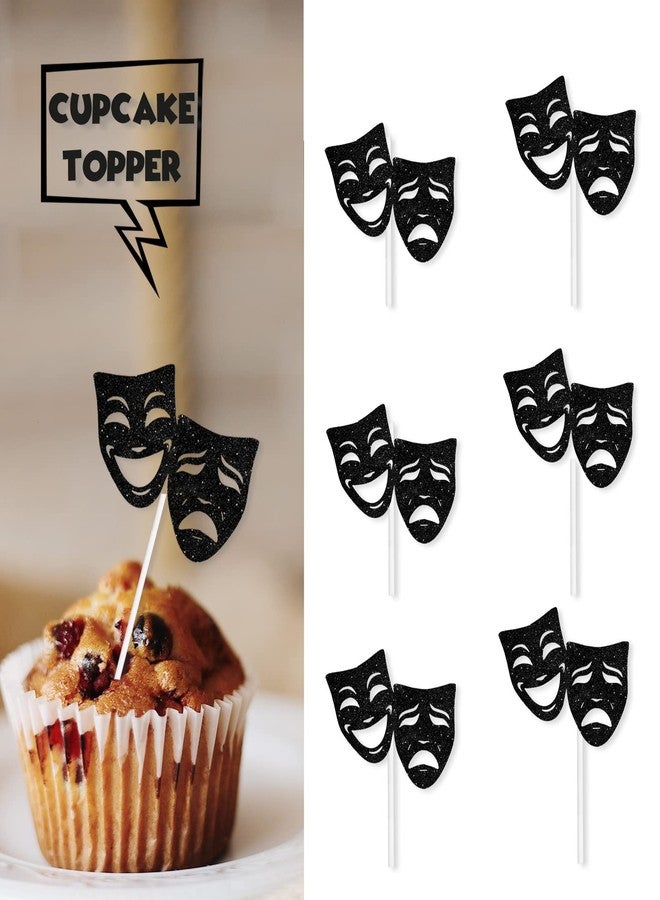 LETLIMIT 18pcs Black Glitter Mask Dessert Cupcake Topper Movie Night Theme Decor Supplies Men Women Boy Girl Happy Birthday Party Decorations - Image 2
