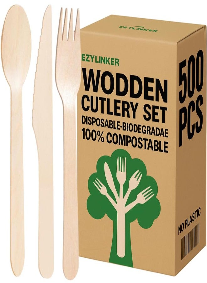 EZYLINKER 500 Pieces Disposable Cutlery, Wooden Utensils Set [200 Spoons, 200 Forks, 100 Knives] - Disposable Wooden Cutlery, Eco-Friendly Forks and Spoons, Compostable Cutlery Set Party Utensils - Image 1
