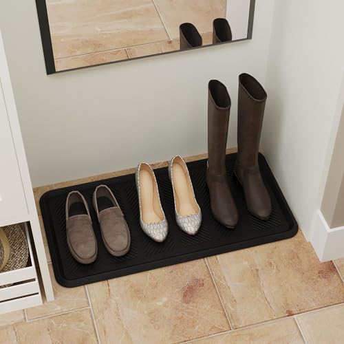 Ottomanson Heavy Duty Rubber Floor Mat – Non-Slip, Waterproof, Easy to Clean – Boot Tray Utility Mat for Shoes, Boots, Entryway, or Pet Feeding Area – Durable, Hose Washable – 16" x 32", Black - Image 2