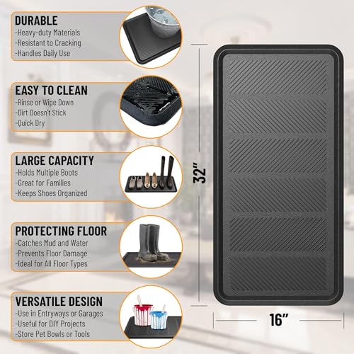Ottomanson Heavy Duty Rubber Floor Mat – Non-Slip, Waterproof, Easy to Clean – Boot Tray Utility Mat for Shoes, Boots, Entryway, or Pet Feeding Area – Durable, Hose Washable – 16" x 32", Black - Image 3