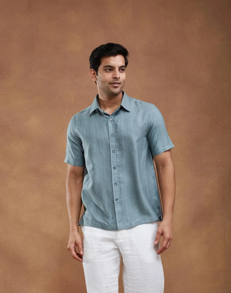 فاب انديا قميص رجالي فيسكوز حرير مطبوع يدويًا