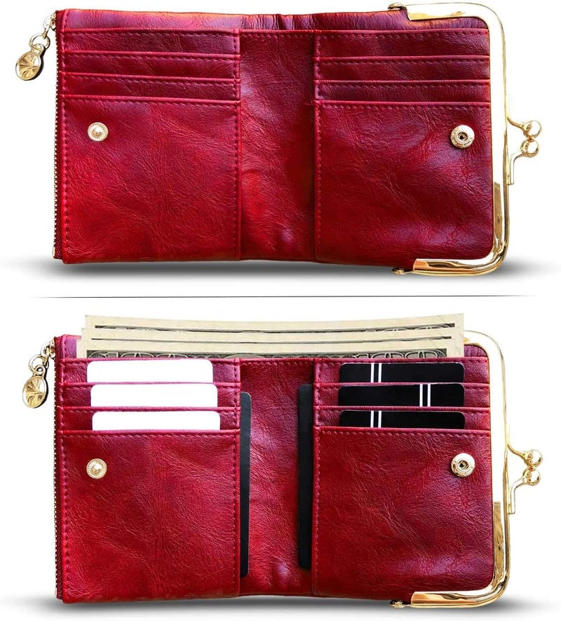 AOXONEL Womens Wallet Small Rfid Ladies Compact Bifold Leather Vintage Coin Purse With Zipper and Kiss Lock - Image 2