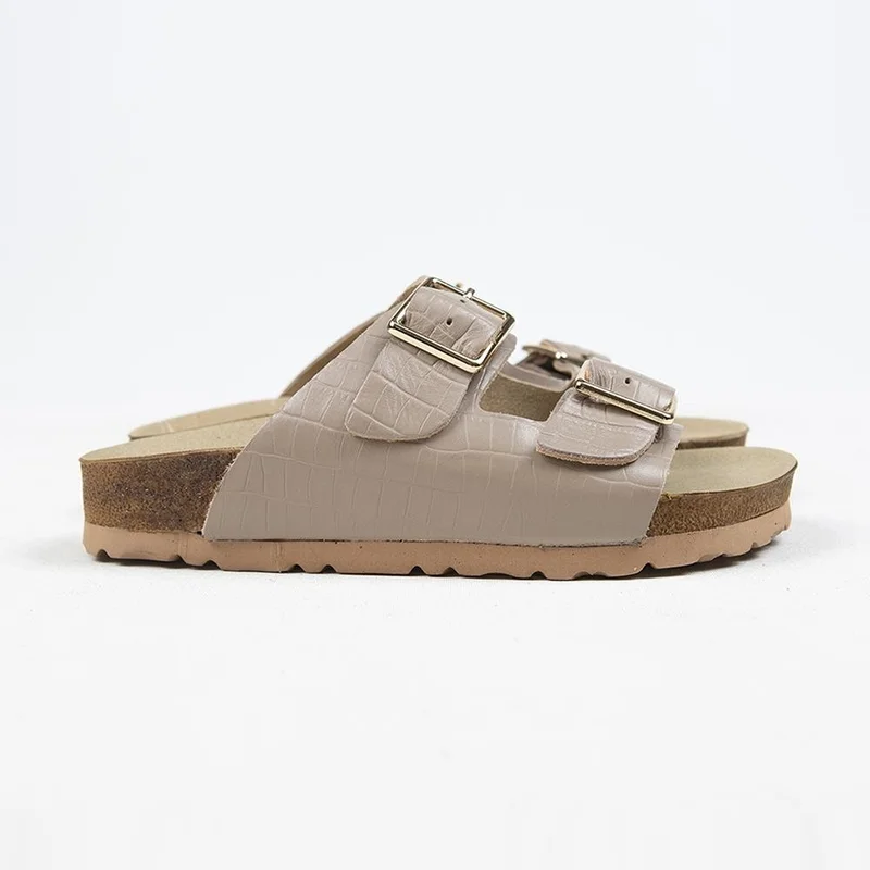 Manijero Manijero Croco Women's Genuine Leather Double Buckle Crocodile Mink Slippers