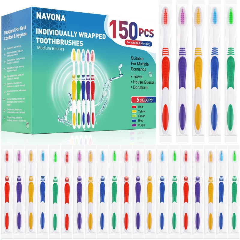 Navona 150 PCS Premium Individually Wrapped Bulk Toothbrush Pack Disposable Toothbrushes Kids Toothbrush Medium Soft Bristle Toothbrushes Ergonomics Handle Perfect for Travel Hotel Donation