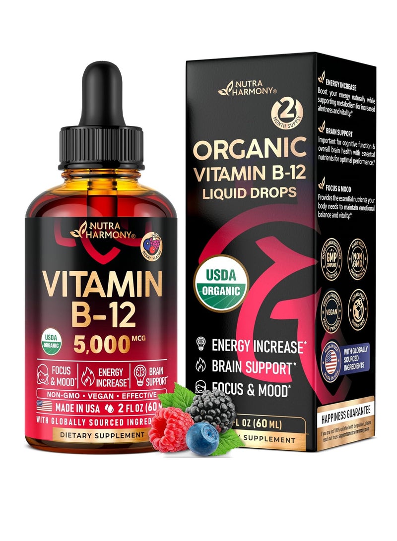 USDA Organic Vitamin B12 Sublingual Drops - 5000 mcg Liquid Vegan Methylcobalamin 2 fl oz