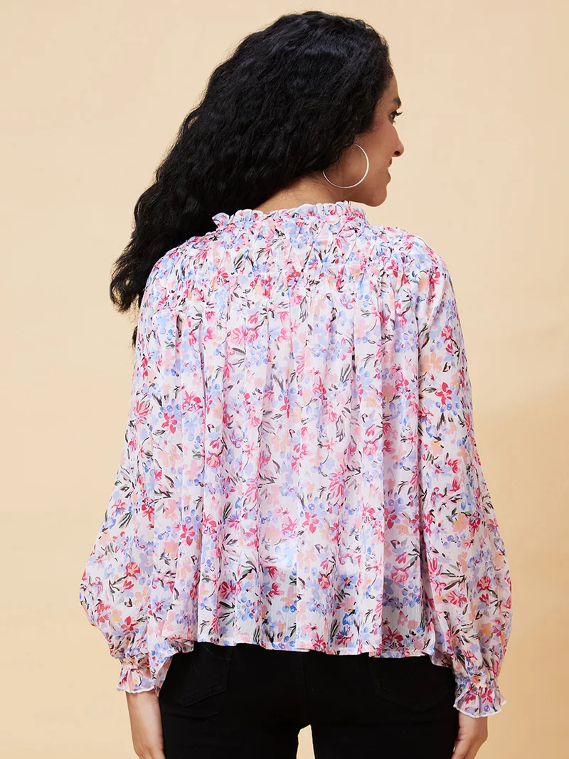 globus Women White Floral Print Tie-Up Neck Top