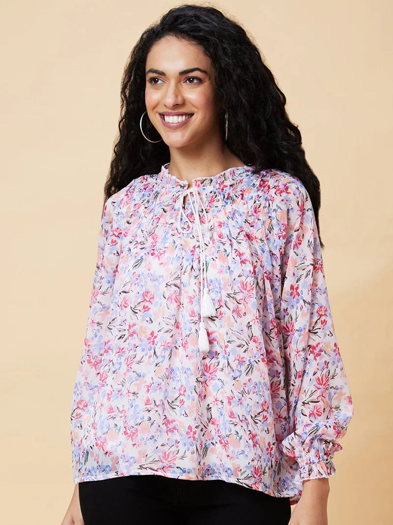 globus Women White Floral Print Tie-Up Neck Top