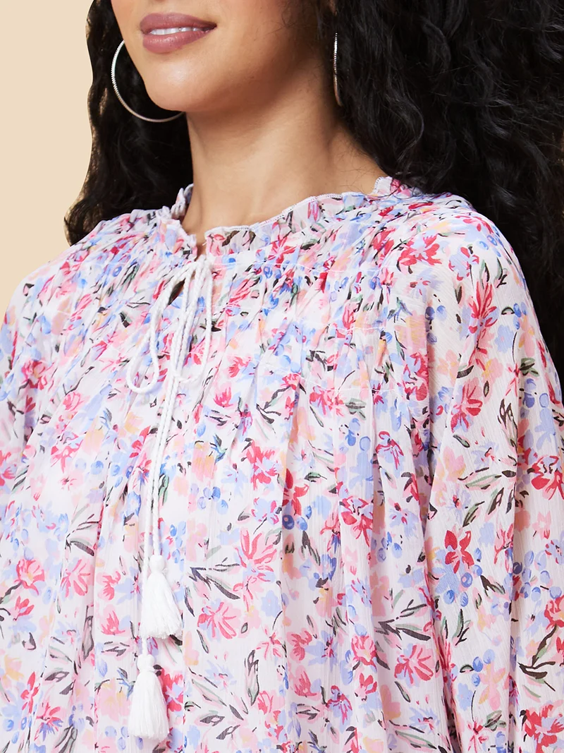 globus Women White Floral Print Tie-Up Neck Top