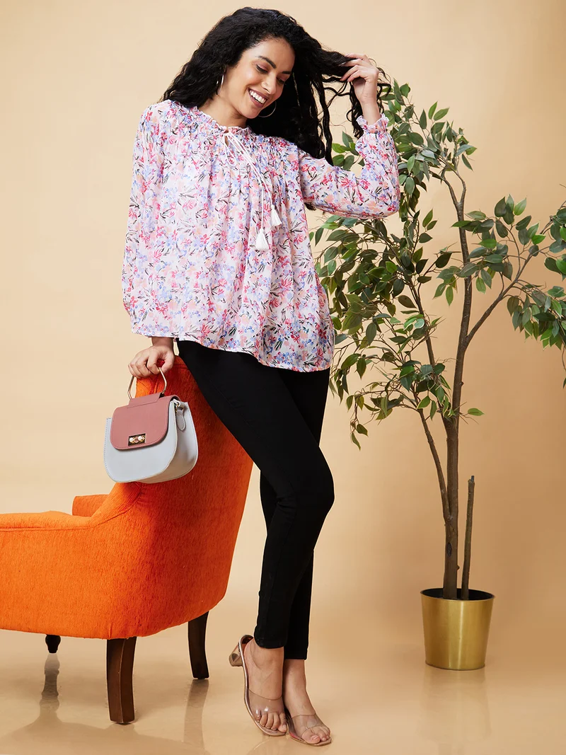 globus Women White Floral Print Tie-Up Neck Top