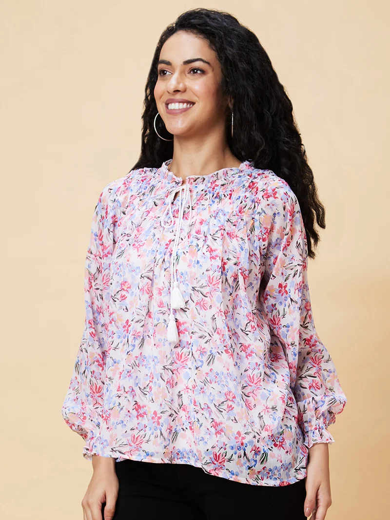 globus Women White Floral Print Tie-Up Neck Top