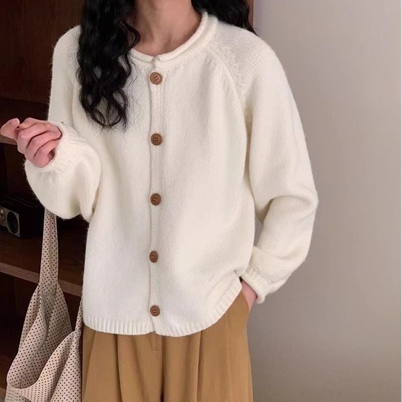 Knitted Cardigan Sweater Coat Lazy Single Row Solid Color 2024 Round Neck New Loose Top - Image 3