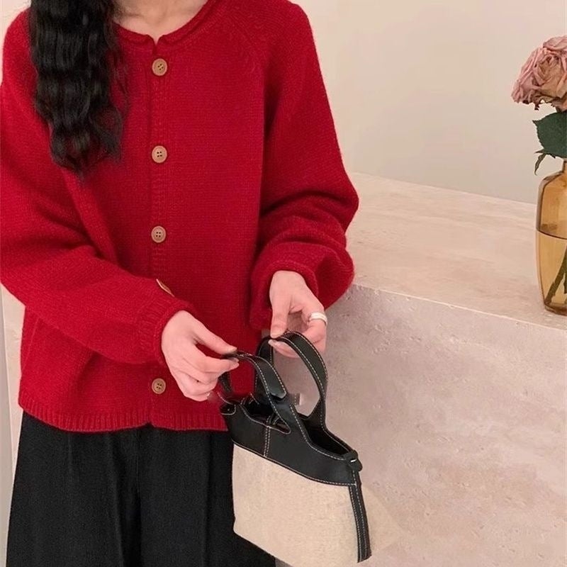 Knitted Cardigan Sweater Coat Lazy Single Row Solid Color 2024 Round Neck New Loose Top - Image 2