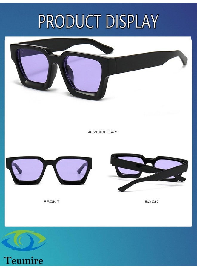 Teumire Thick Square Frame Sunglasses For Women Men Retro Chunky Rectangle Sun Glasses Fashion Black Shades(Black Frame/Purple Lens) - Image 5