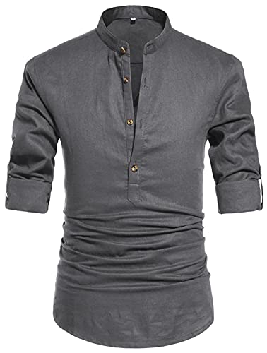 NITAGUT Men Henley Neck Long Sleeve Daily Look Linen Shirts Casual Beach T Shirts (US M/Chest 38-41, Dark Grey) - Image 1