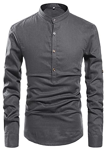 NITAGUT Men Henley Neck Long Sleeve Daily Look Linen Shirts Casual Beach T Shirts (US M/Chest 38-41, Dark Grey) - Image 3