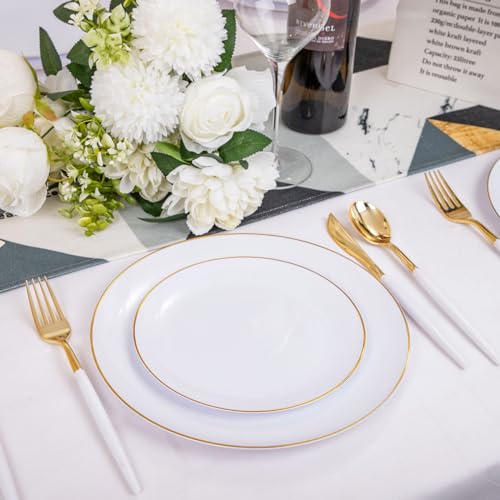 DaYammi 30 Guests Gold Plastic Plates with Disposable Silverware,Gold Cutlery with White Handle,White Disposable Dinnerware:60 Dinner/Dessert Plates,90 Plastic Silverware Set for Thanksgiving Party - Image 5
