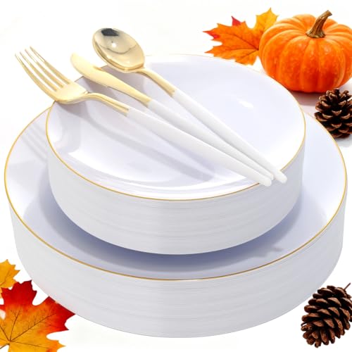DaYammi 30 Guests Gold Plastic Plates with Disposable Silverware,Gold Cutlery with White Handle,White Disposable Dinnerware:60 Dinner/Dessert Plates,90 Plastic Silverware Set for Thanksgiving Party - Image 1