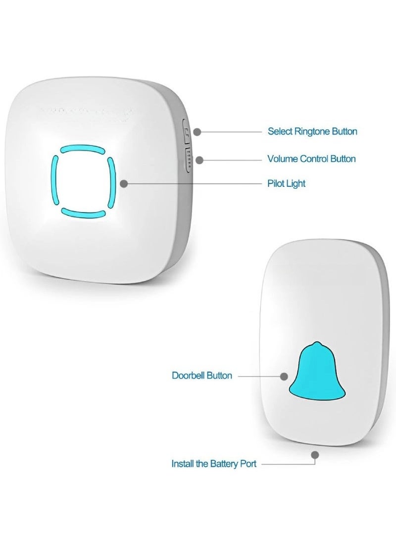 Wireless Doorbell Kit – Waterproof with 36 Chime Tones & 1000ft Range | Adjustable Volume, LED Flash, 1 Receiver + 1 Push Button